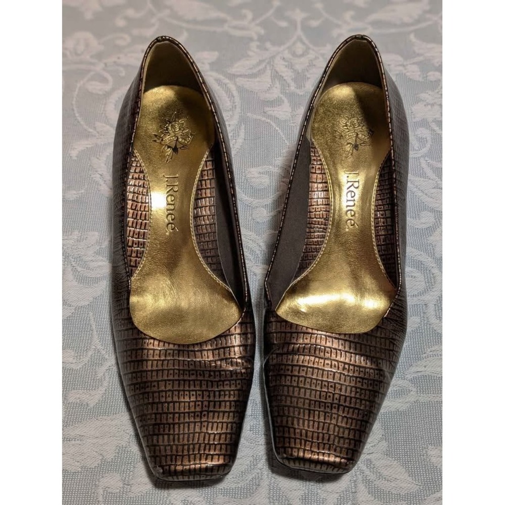 J Renee Bronze Embossed Square Toe Block Heel‎ Pumps Womens 7.5M